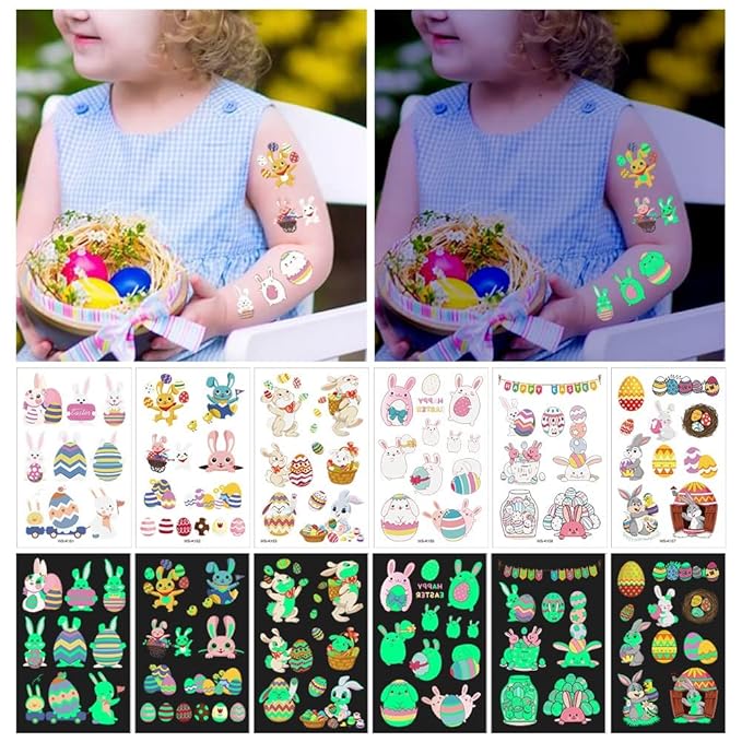 80Pcs Easter luminous temporary tattoos for kids,Glow in The Dark Easter Basket party Tattoos stickers, dwarf colored egg carrot rabbit egg facial makeup Tattoos, holiday party Supplies Favors Gifts