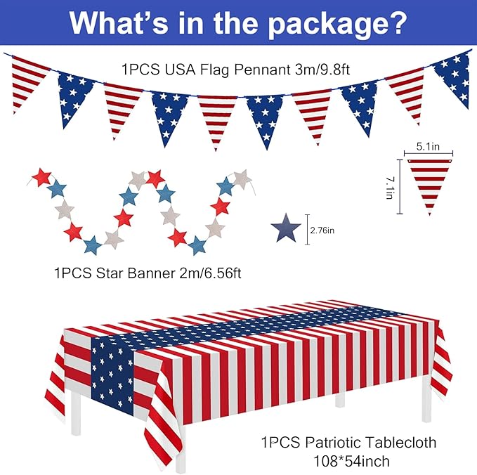 9PCS 4th of July Decorations Red White and Blue Paper Fans, USA Pennant Bunting, Star Streamers, Patriotic Tablecloth for Fourth of July Party Supplies, Memorial Day Veterans Day Patriotic Decor