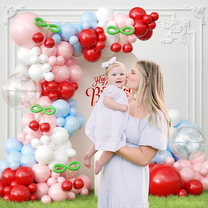JOGAMS 193Pcs Blue and Red Cherry Balloon Arch Garland Kit,Cherry Party Decorations with Clear Cherry Foil Balloons for Cherry On Top Baby Shower Birthday Bridal Shower Wedding Valentine's Day