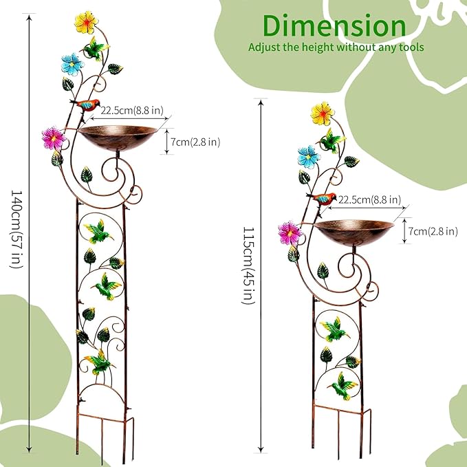 57" Height Metal Bird Bath with Trellis for Outdoor, Vintage Decorative Bird Baths, Small Garden Plant Support, Antique BirdBath for Climbing Plants with Detachable Iron Bowl (Hummingbird)