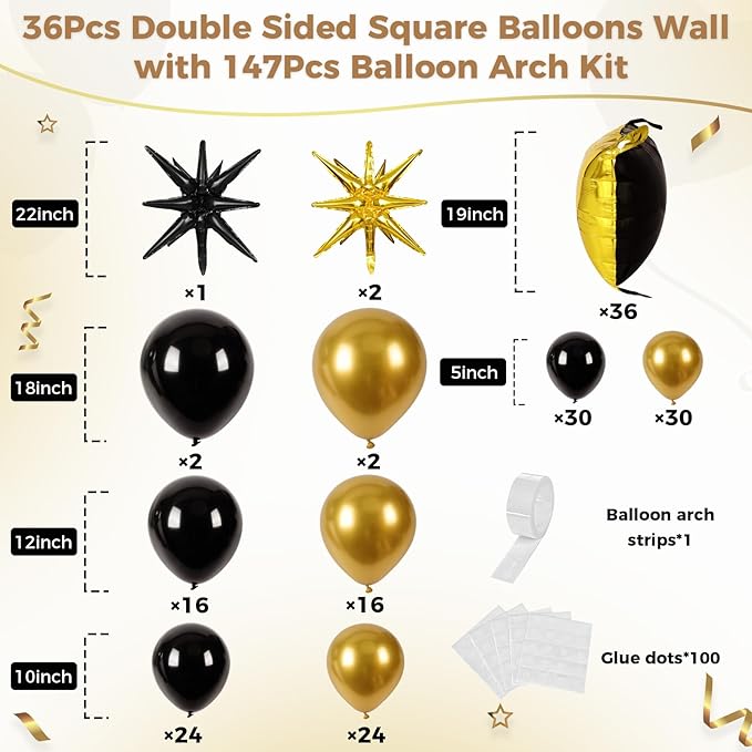 36pcs Gold and Black Square Foil Balloons Wall Backdrop with 147pcs Balloon Garland Arch Kit, Double Sided Balloons for Birthday Bridal Shower Anniversary New Year Graduation Party Decorations