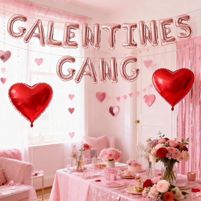 Galentines Day Balloons Banner, 16 Inch Rose Gold Galentines Gang Letters Balloons Decorations 18 Inch Red Heart Foil Mylar Balloon for Women Girls Ladies Galentine's Valentines Day Party Decoration