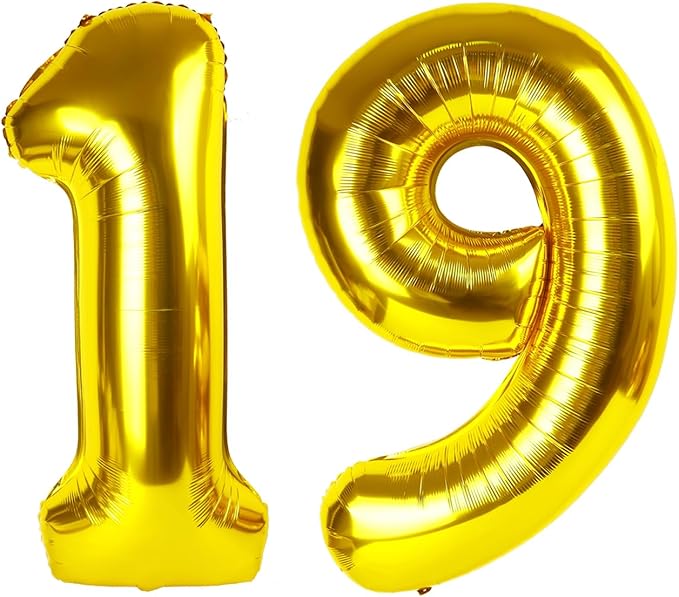 19 Gold Number Balloons, 40 Inch Balloons for Woman Man 19th Birthday Party Decoration, Foil Number Ballon for 19, 91 Anniversary, Bridal Shower, Graduation, Valentine's Day, Mother's Day, Easter