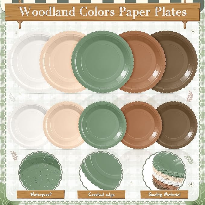 Zhehao 175 Pcs Woodland Party Supplies Set Green and Brown Disposable Tableware Kit with Plates, Cups, Napkins, Cutlery in Natural Earth Tones for Baby Shower, Birthday, Wedding Forest Events
