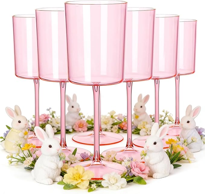 Ciaell 12 Pack Pink Plastic Wine Glasses - 14Oz Plastic Wine Glasses with Stem - Disposable Stemmed Wine Glass for Parties & Weddings & Outdoor & Easter