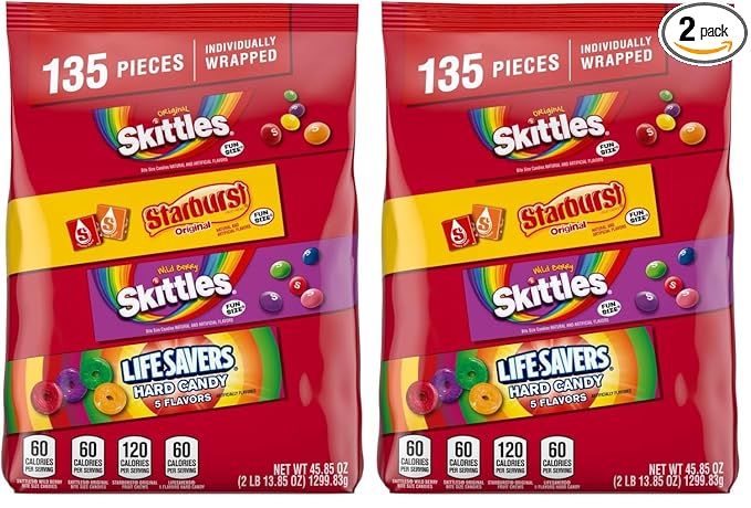 SKITTLES Original,SKITTLES Wild Berry STARBURST & LIFE SAVERS Hard Candy Fun Size Fruity Candy Assortment,135 Ct Bulk Bag,(Pack of 2)
