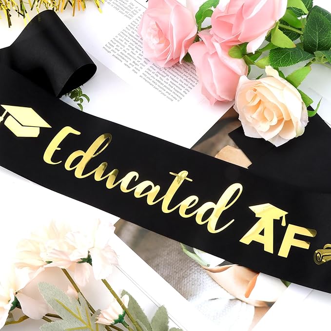 Educated AF Graduation Sash for Graduation Decorations, Black Glitter Sash with Gold Foil for Grad Gifts Party Supplies Graduation Accessories