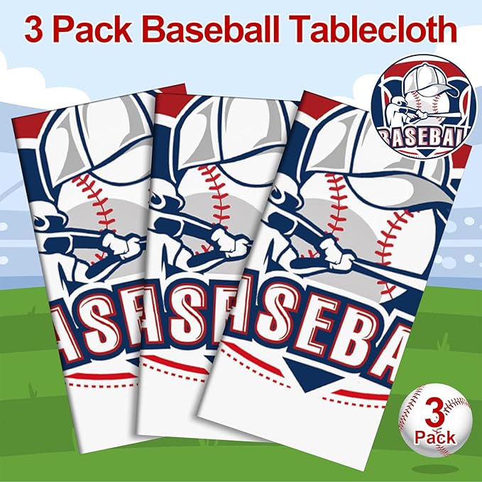 3 Pack Plastic Baseball Tablecloth, 54 x 108 Inch Disposable PE Baseball Party Tablecloth Waterproof Rectangle Baseball Theme Party Table Cover for Baseball Party Decorations