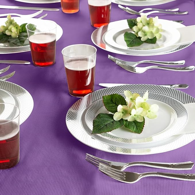 PARTY BARGAINS Disposable Table Covers, 54 x 108 Inch, Purple, 3-Ply Paper & Plastic Spill-Resistant Party Tablecloths, 10 Pack