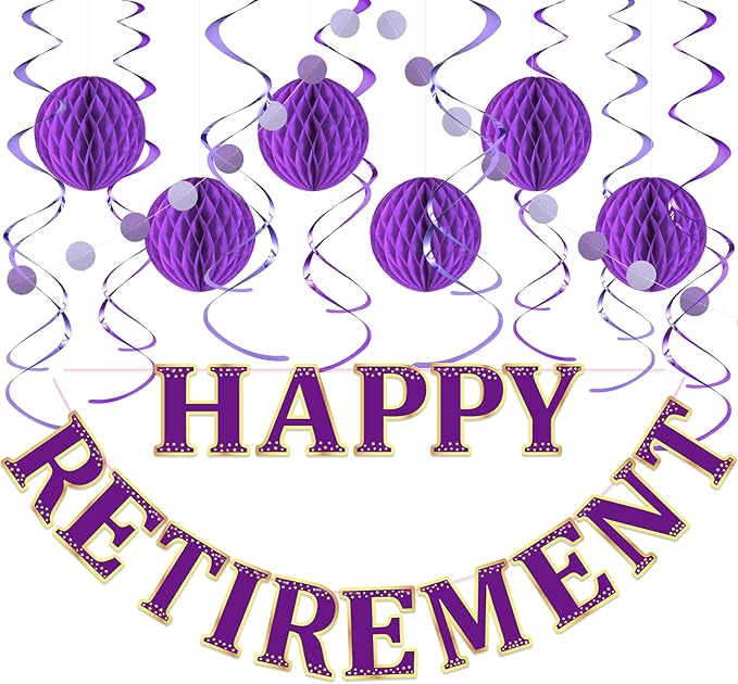 Retirement Party Decorations Kit for Women - 16-Piece Elegant Purple Set with Pre-Strung Banner, Honeycomb Balls, Swirls & Garland | Instant Setup Party Decor | Retirement Gifts & Supplies