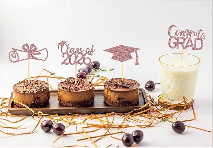 2026 Graduation Theme Cupcake Toppers Glitter Class of 2025 Graduation Cap Diploma Cupcake Picks - Set of 24 (Rose Gold2)