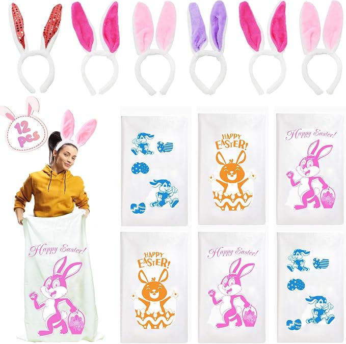 6 Potato Sack Race Jumping Bags with Bunny Ears Headbands，Easter Sack Race for Adults Easter Eggs Hunt Party Supplies Outdoor Family Games