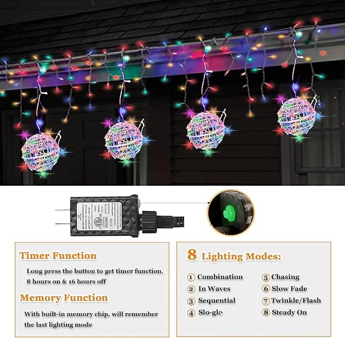 Outdoor Christmas Balls Lights Tree Lights Waterproof, 4 Pack 7.87" LED Hanging Globe Sphere Lights with 8 Lighting Modes Memory Timer Plug for Party Wedding Xmas Porch Patio Garden Yard Decorations