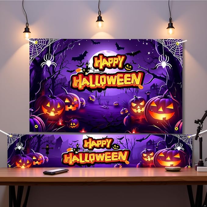 Large Halloween Party Banner and Backdrop for Indoor & Outdoor, Yard Garden Halloween Decorations & Party Supplies(Purple)