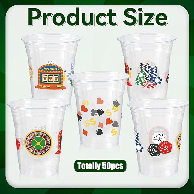 50 Pcs Casino Party Cups, 16 Oz Casino Plastic Cup Poker Clear Disposable Drinking Cups for Poker Game Night Themed Party Decoration Birthday Wedding Party Supplies