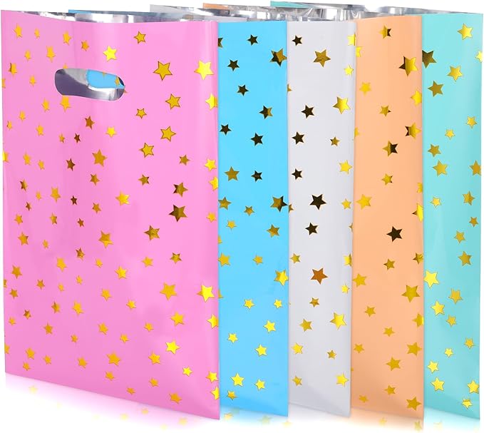 50pcs Party Favor Bags for Kids Birthday Goodies Bags, Plastic Gift Bags for Kids Girls Boys Candy Birthday Party Favor Gift Wraps (50pcs star pattern 5colors)