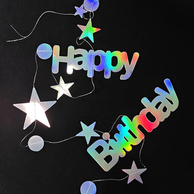 Happy Birthday Banner, Birthday Decorations for Girls & Women, Iridescent Holographic Circle Dot Star Garland Sign Hanging Bunting Streamers Party Backdrop Decor, Aurora Rainbow Effects