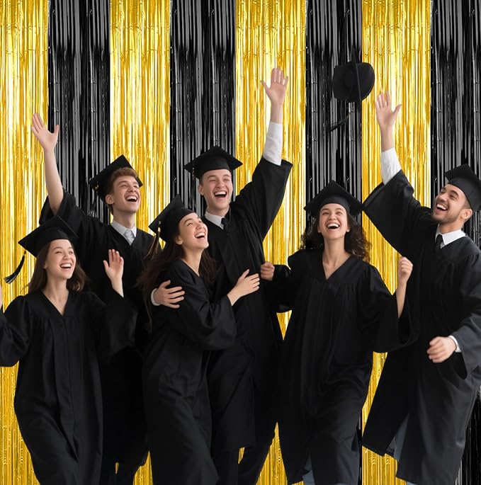 Gold Black Graduation Backdrops Curtains Party Decorations, Tinsel Streamers for Birthday Decorations, Photo Booth Props for Bridal Shower, Easter, 2Pack 3.28X6.56Ft