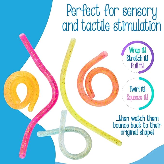 IMPRESA Glitter Sensory Noodle Strands - Monkey Noodle Fidget for Stress Relief & Focus - Sparkly Stretchy Strings & Latex-Free Sensory Balls - Medium, Multicolor, 5-Pack, Glitter Magic