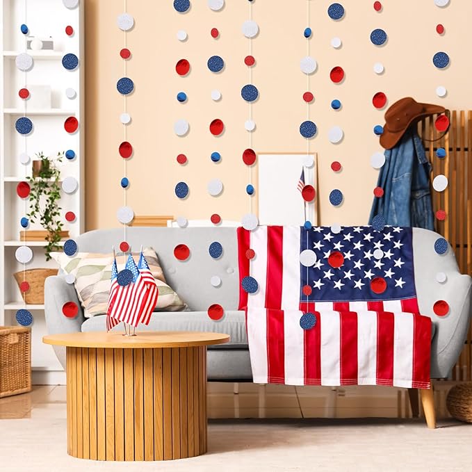Outus 5 Pieces Blue,White,Red Round Dots Garland Easter Graduation Party Hanging Decor Each Length 13.1ft Glitter Paper Dot Streamers for Birthday Wedding Classroom