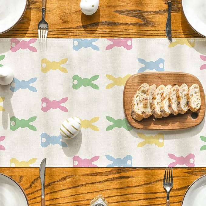 Artoid Mode Green Pink Bunny Rabbit Easter Table Runner, Spring Kitchen Dining Table Decoration for Home Party Decor 13x36 Inch