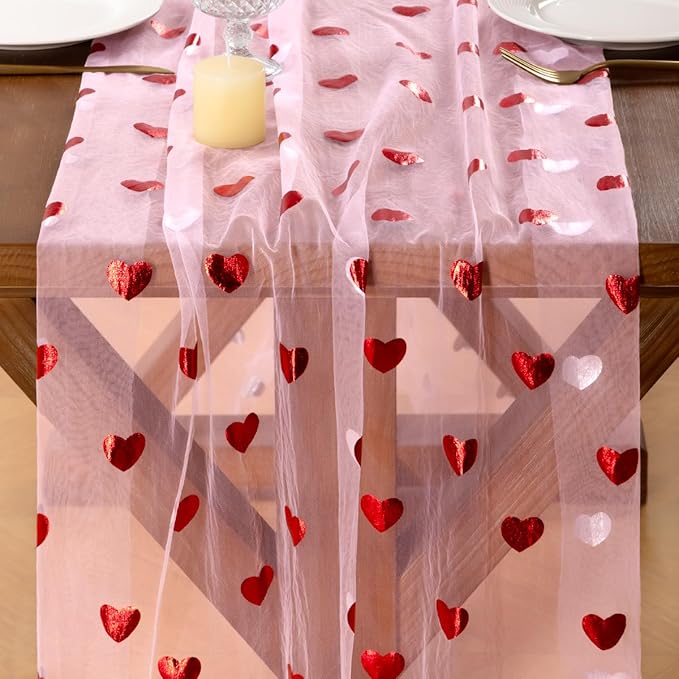 Socomi Valentine's Day Red Heart Table Runner Gauze Sheer Romantic Sequin 10FT Glitter Metallic Foil Dining Wedding Birthday Party Baby Shower Holiday Centerpiece Table Decor Pink