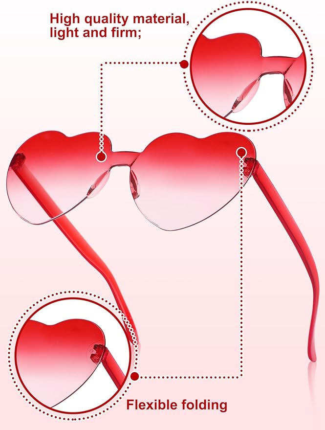 Geyoga 24 Pairs Valentines Heart Sunglasses Bulk Heart Shaped Sun Glasses Frameless Eyeglass for Women Men Valentines Party