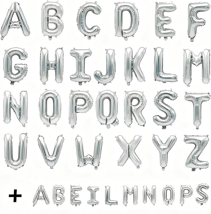 36 Pcs Silver Letter Balloons, Custom A-Z Set for Personalizing Names & Phrases Party Supplies Banners - with 1 Set ABEILMNOPS for Wedding/Birthdays/Annivs/Grads Party Decoration Banner Custom Phrase
