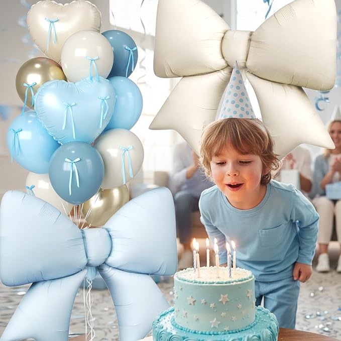 Blue and Cream Heart Balloons, 38 Inch Bow Balloons, Dusty Baby Blue Sand White Champagne Gold Balloon and Bow Heart Shaped Foil Balloon for boys Birthday Baby Boy Shower Valentines Day Decorations