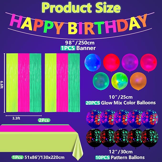 223 PCS Glow in the Dark Party Supplies, Including Colorful Plates Napkins Tablecloth Happy Birthday Banner and Dinnerware with UV Black Light Reactive for Neon Themed Birthday Party, Serves 20