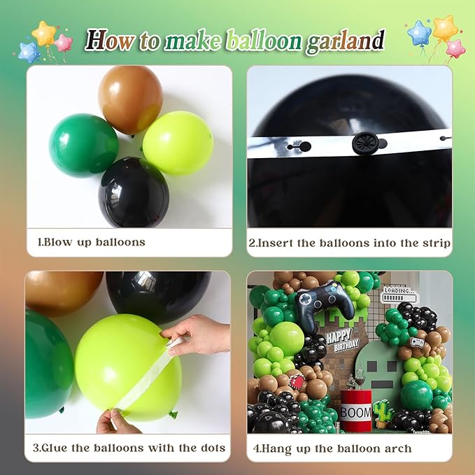 Video Game Theme Birthday Party Decorations,Green and Brown Balloon Garland Arch Kit,Green and Black Balloons with Game Controller Foil Balloon for Pixel Game Party Birthday Baby Shower Backdrop