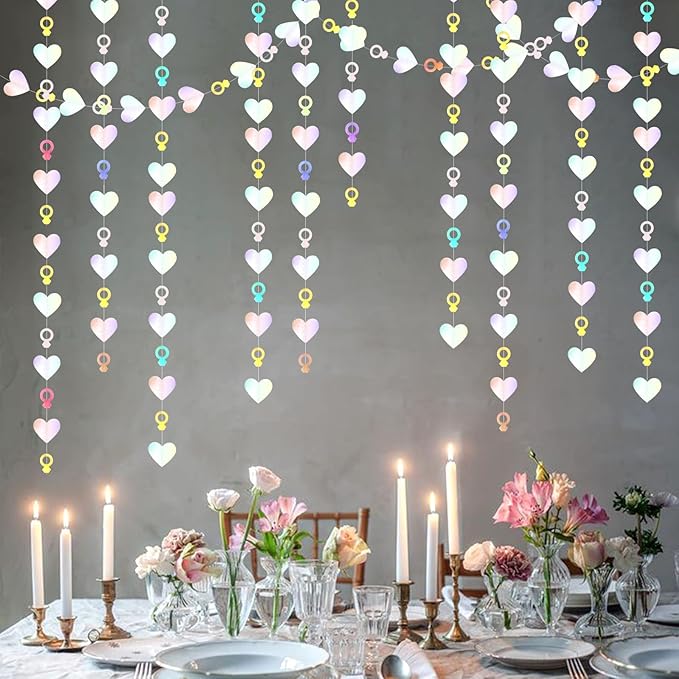 Engagement Bachelorette Party-Decorations Iridescent Heart-Ring Garland - 52Ft Holographic Disco Wedding Paper Streamers Banner,Valentines Day Galentines Proposal Decor Lasting Surprise