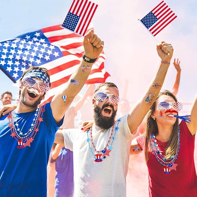 CAMIRUS 4th of July Party Favors, 126 Pcs Patriotic Accessories USA Flags Sunglasses Necklaces Glow Sticks Musical Blow Outs Mustaches Brooches Stickers for Independence Day, Memorial Day, Labor Day