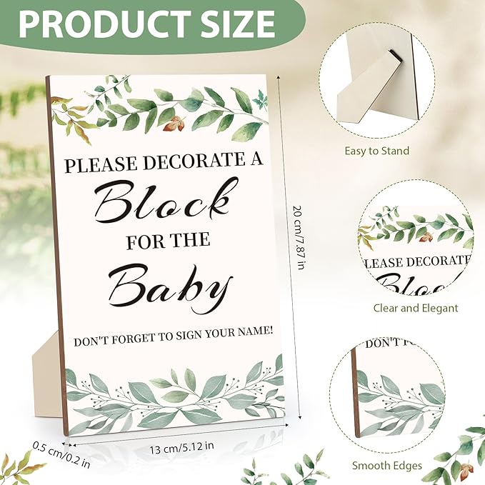 Baby Shower Games Sign Kit with 50 Blank Wooden Baby Blocks, 24 Acrylic Paint Marker and Wooden Sign, Blocks for Baby Shower, Gender Reveals Party(Green)
