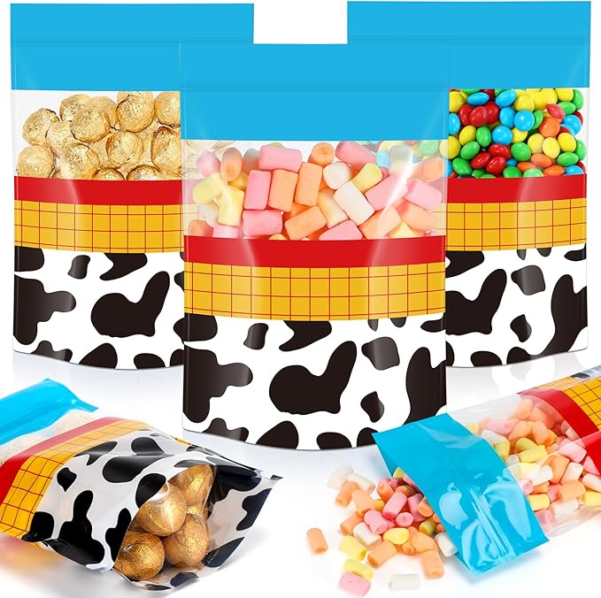 Fuutreo 50 Pcs Cartoon Story Bags Plastic Blue Sky Sealed Pouches Resealable Cow Pattern Pouches Party Favor Bags for Home Candy Small Gift Party Wrapping Supplies Decoration