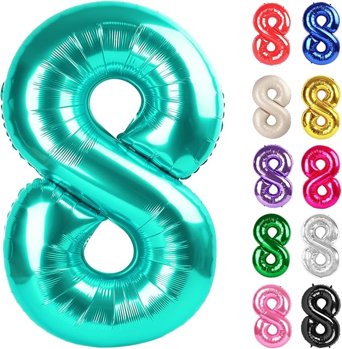 Teal Number 8 Balloon 40 Inch, 8 Balloon Number, 8th Birthday Decorations, Teal Party Supplies for Boys Girls