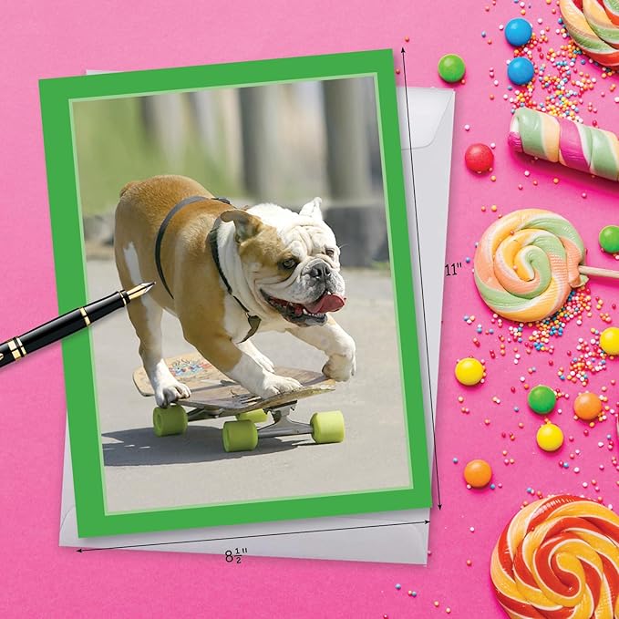 NobleWorks - Hilarious Happy Birthday Card with Envelope (8.5 x 11 Inch) - Funny Animal Greeting Card From All Of Us - Skating Bulldogs - Green Wheels J9517EBDG-US