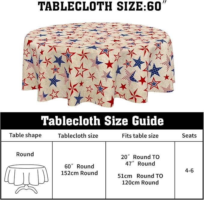 Vintage Fourth of July Tablecloth Round 60 Inch 4th of July Patriotic Outdoor Table Cloth Rustic USA Memorial Day Table Cover for Kitchen Dinner Room Holiday Party Home Independence Day Decor