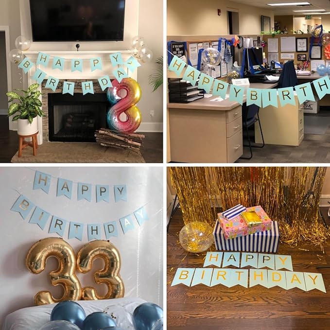 Teal Happy Birthday Banner With Shiny Gold Letters, Swallowtail Design Hanging Signs Party Decorations