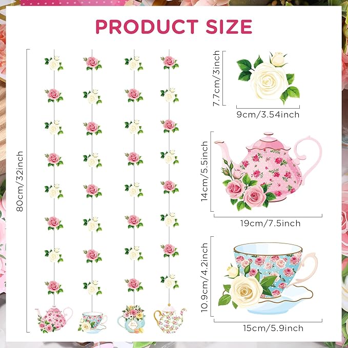 Faccito Floral Tea Party Decorations Double Sided Tea Party Hanging Garland Decor for Baby Shower Gender Reveal Bridal Wedding Favors Girls Women 32", 8 Pack