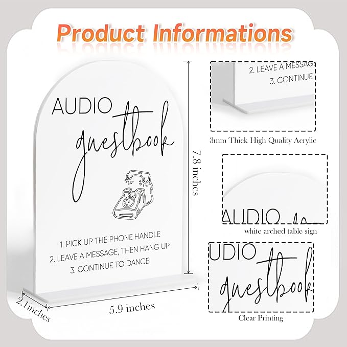 Audio Guest Book Sign, White Arch Acrylic Wedding Sign, Audio Guest Book Wedding Phone, Bridal Shower Decor, Engagement Party Decor, Centerpiece Table Decorations Party for Bride and Groom-12
