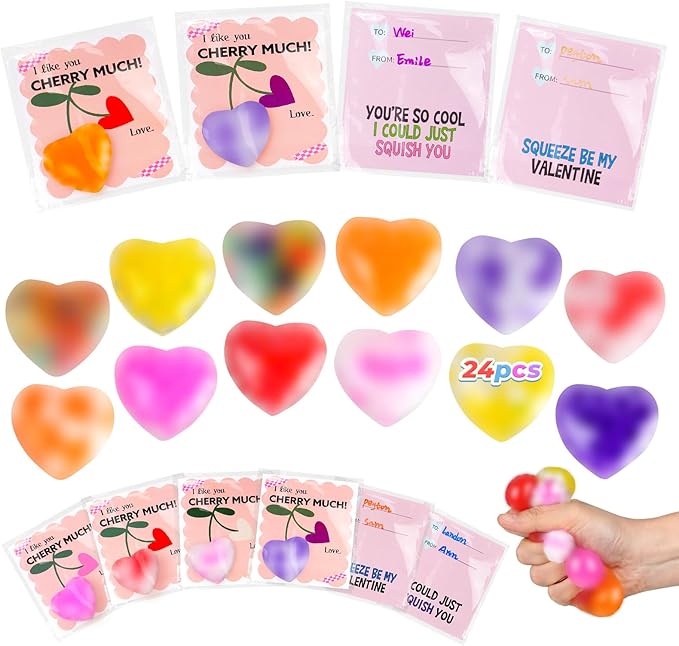 24PCS Valentines Squishies,Valentines Stress Balls for Adults,Valentine Day Cards Classroom Favors,Valentine's Bulk Fidgets Squishy Toys Party Favors Exchange Gift