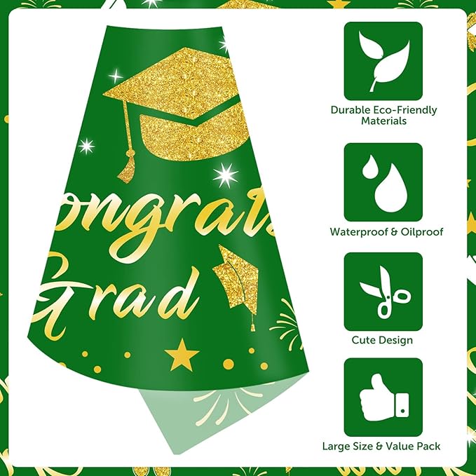 Graduation Tablecloth Party Decorations 2026, 3 Pack Green Large Size 54"x108" Congrats Grad Disposable Rectangle Table Covers Plastic Table Cloth for College High School Class of 2026 Party Supplies