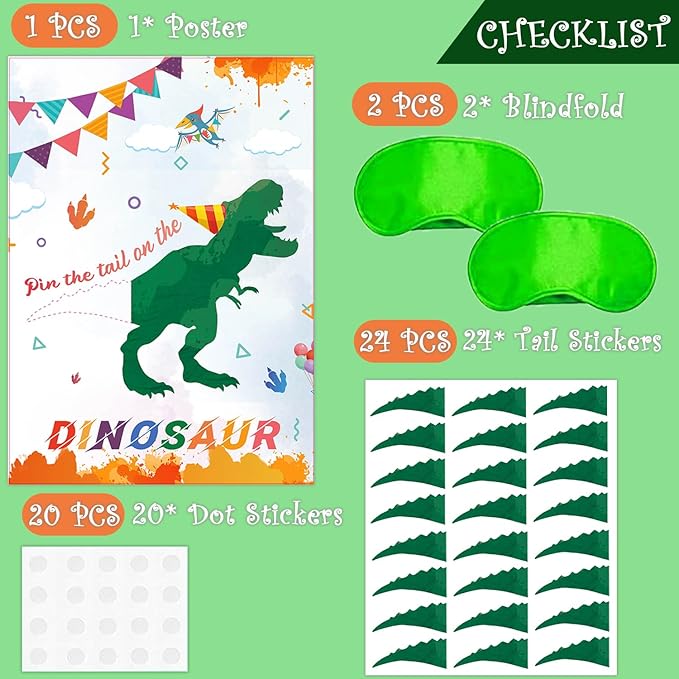 T-Antrix Pin The Tail on The Dinosaur Game -Dinosaur Party Games for Kids Boys with 21'' x 28'' Poster, Reusable Tails Party Supplies for Kids Girls Birthday Party Favor Sets