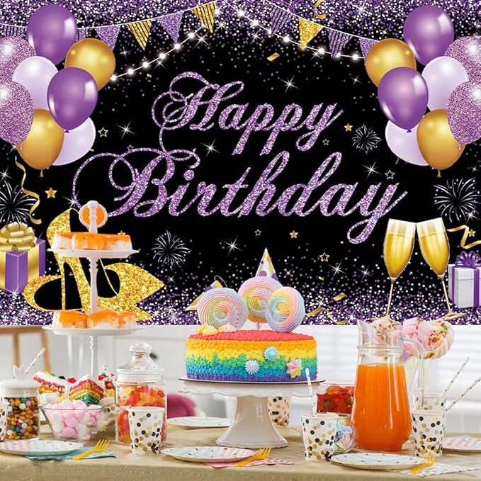 Happy Birthday Banner - Birthday Decorations for Women Girls Purple Birthday Party Banners Welcome Happy Birthday Background Sign for Theme Party Decorations Indoor Outdoor