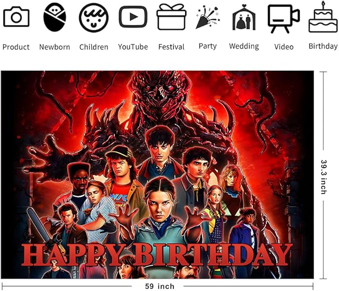 Stranger Season 5 Things Birthday Decorations, Stranger Season 5 Things Happy Birthday Banner Backdrop for Kids Birthday Party Supplies (5x3ft)