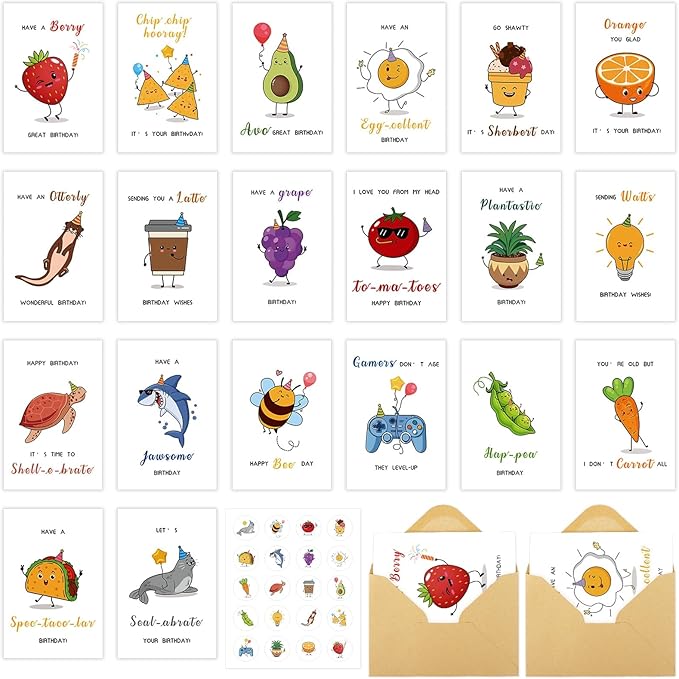 Hooqict 20 Funny Birthday Cards (4"x6") with 20 Envelopes & Stickers Happy Birthday Cards Assorted in Bulk Blank Greeting Card for Kids Boys Girls, Men, Women