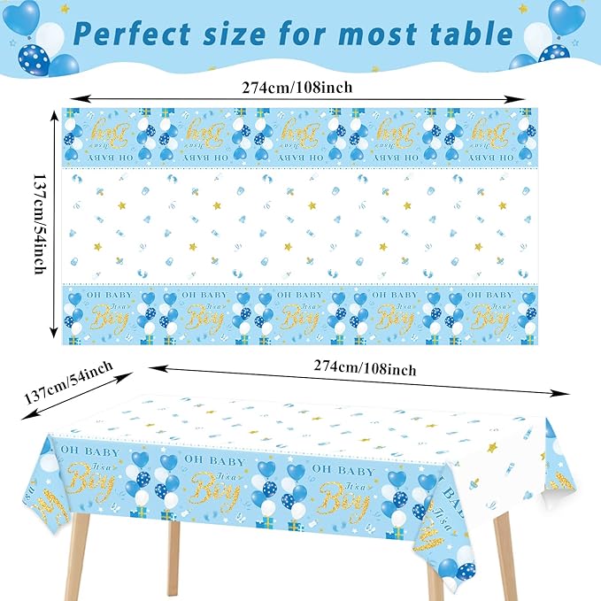 Tevxj 3 Pack Baby Shower Tablecloths Plastic Blue Baby Boy Shower Decorations Gender Reveal Party It's A Boy Table Covers for Baby Boy Birthday Shower Party Supplies, 54 x 108 Inch