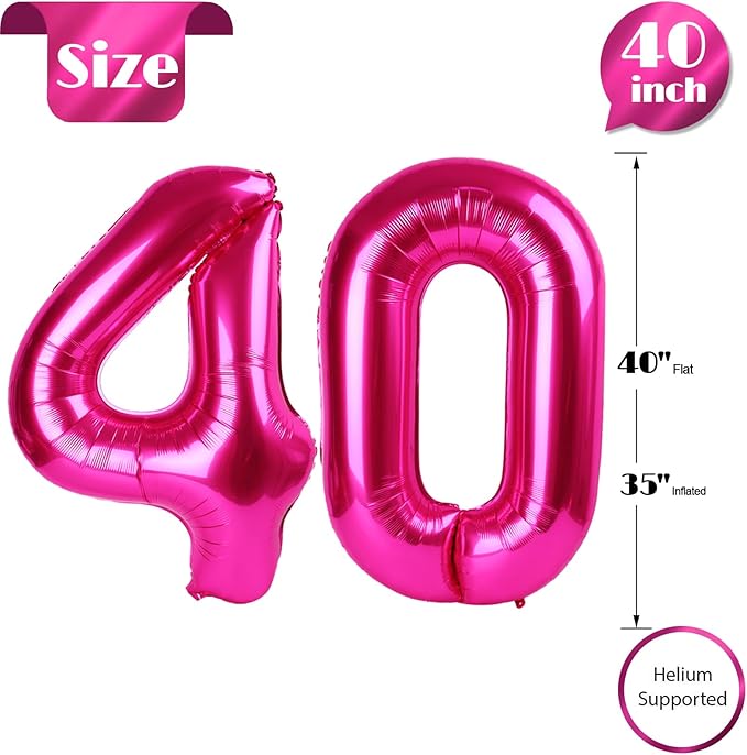 40 Balloon Number, Hot Pink Number 40th Birthday Balloons 40 Inch, 40 Years Old Hot Pink Birthday Decorations for Men Women, 40th Anniversary Decorations