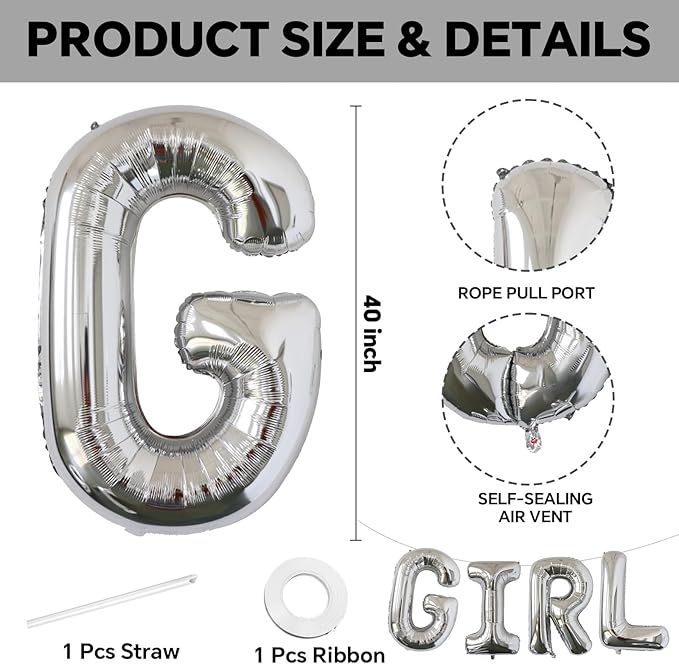 KALOR 40 Inch Silver Letter GIRL Balloons Jumbo Foil Mylar Helium Big Balloons for Her Birthday Baby Girl Shower Party Decorations